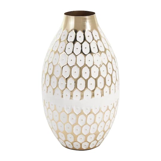 10&#x22; Gold Metal Geometric Geometric Dot Vase with White Accents